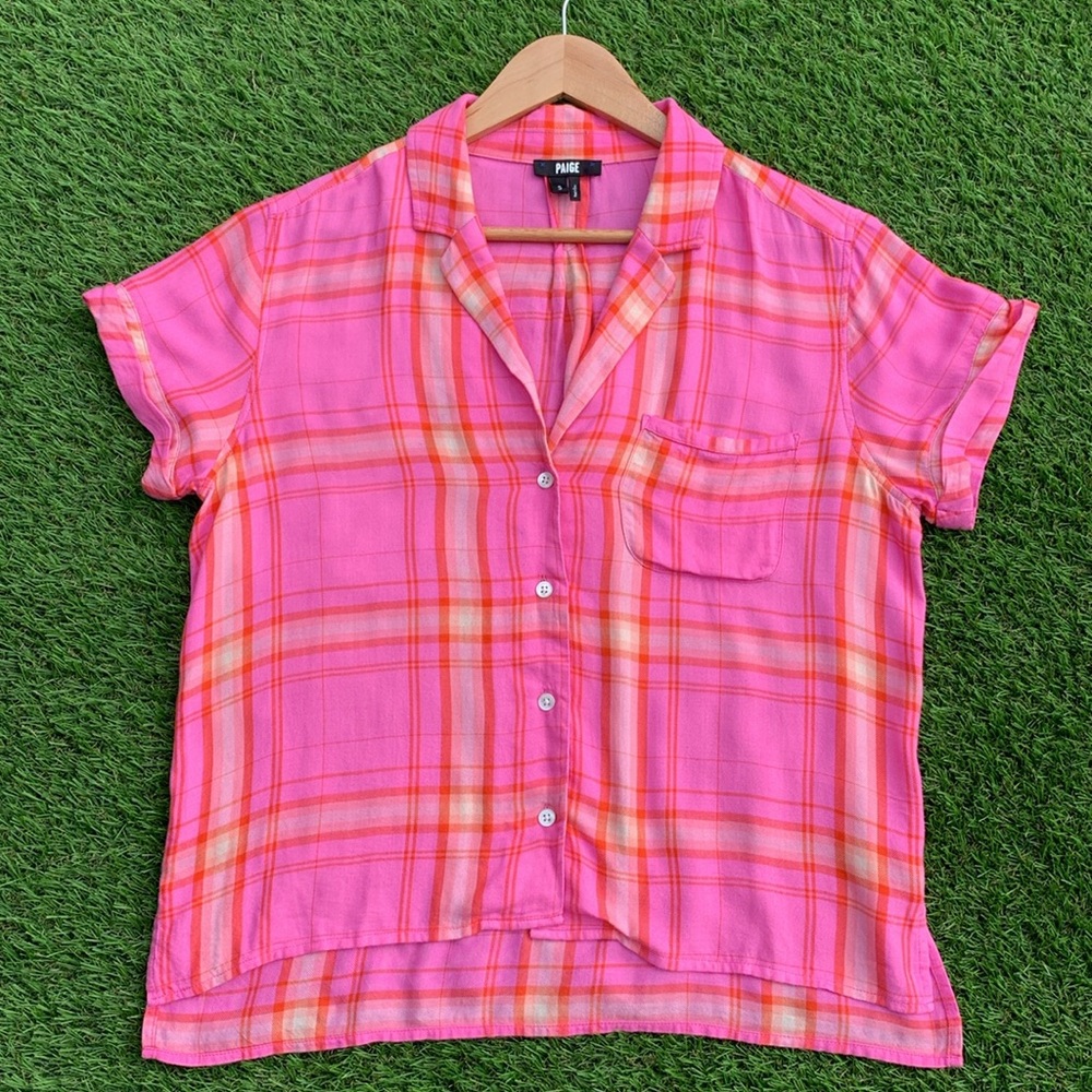 PAIGE Hot Pink Short Sleeve Soft Plaid Top Oversized